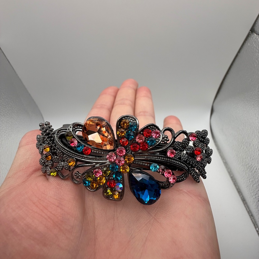 Multicolor Rhinestone Floral Barrette Large Jeweled Hair Clip Gunmetal 4"